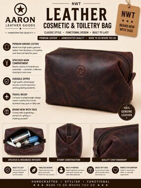 NWT Aaron Leather Goods Walnut Leather Cosmetic Toiletry Bag Travel Organizer